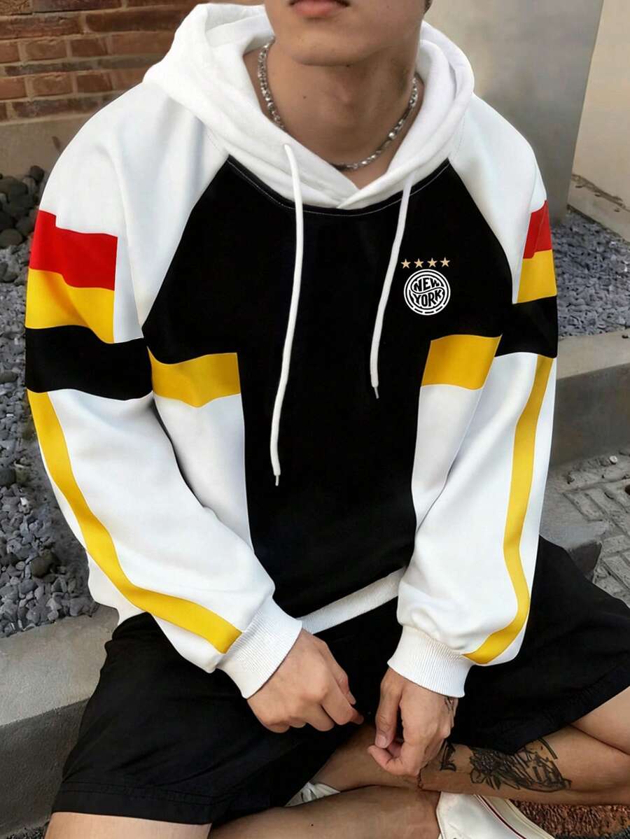 Aesthetic Post 美学帖——男士插肩袖撞色休闲套头连帽衫，纽约男士连帽衫，黑白男士连帽衫，撞色男士连帽衫 - 彩色 - 查看 1