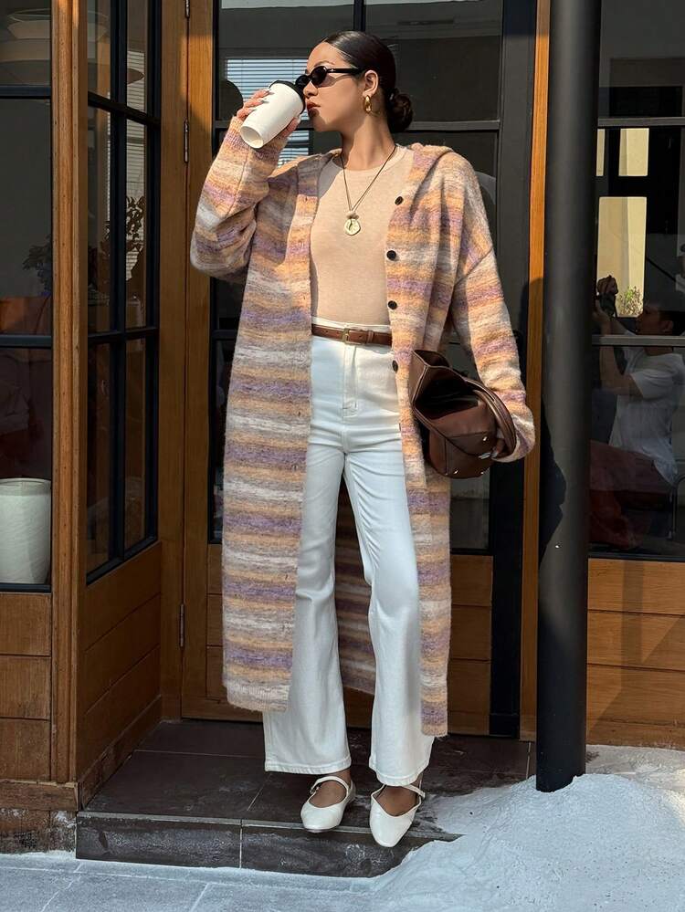 Dazy Plus Plus Size Women Colorful Striped Loose Long Sleeve Cardigan Sweater, Casual Outerwear For Autumn/Winter
