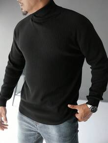 Manfinity LEGND Jersey de cuello alto casual de unicolor para hombres de talla grande, otoño/invierno - Negro - Ver 5