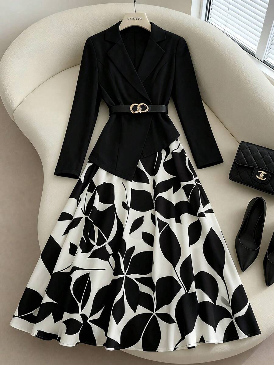 GlowEve Women's Autumn/Winter 2 In 1 Contrast Color Collar Long Sleeve Dress - Black and White - View 1