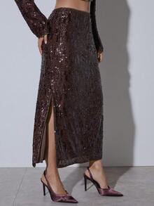 COSMINA Women's Solid Color Sequin Side Slit Hem Elegant Fashionable Autumn Winter Sexy Elegant Occasion Party Evening Christmas NYE Thanksgiving Skirt - Brown - View 6