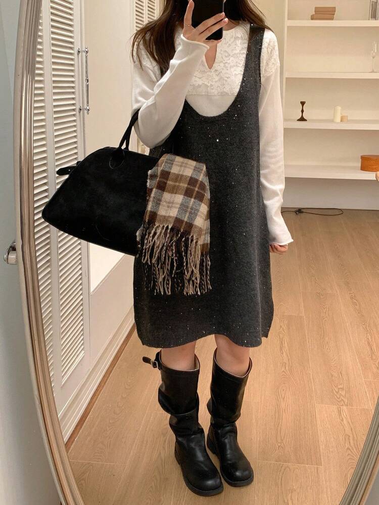 Women's Loose Casual Knit Sweater And Dress Two Pieces Set, Fashionable And Sweet, Suitable For Autumn And Winter