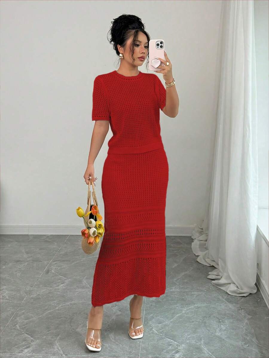 Elenzga 2025 New French Style White Hollow-Out Short Sleeve Top + Skirt 2 Pieces Set, Spring - Burgundy - View 1