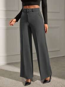 EURMUSE Women's Solid Belted Seam Suit Pants - Dark Grey - View 4
