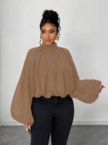 Maweii Plus Size Elegant Solid Color Pleated Lantern Sleeve Blouse, Autumn - Khaki - View 5