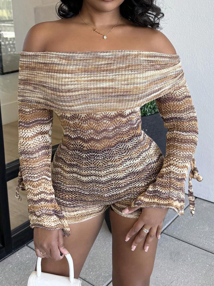 Alexandranx Women Casual Contrast Color Hollow Out Off-Shoulder Flare Sleeve Knitting Jumpsuit Brown Knit Playsuit In Fall/Winter - Multicolor - View 3