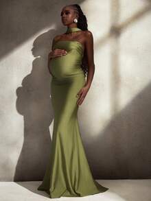 Cheriluna Maternity Elegant, Romantic, Sexy, Minimalist Style Sleeveless Backless Knit Bodycon Maternity Photoshoot Dress, Formal Dress, Christmas Party Dress, Green Dress, Elegant Dresses For Party - Green - View 4