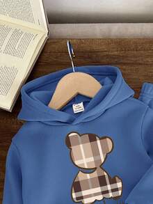 SHEIN Baby Boy Casual Minimalist Cartoon Bear Pattern Knitted Soft Loose Hoodie Sweatshirt And Pants Set, Suitable For Autumn/Winter - Blue - View 5