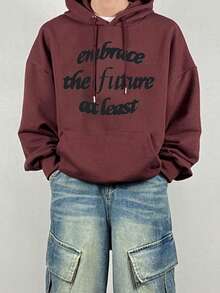 DAZY Men's Hoodie With Letter Print Design, Burgundy & Berry Color, Thermal Lined, Autumn/Winter - Burgundy - View 5
