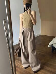 DAZY Quần ống rộng trơn màu rộng rãi có thắt lưng cho nữ, thường ngày mùa thu/đông - Màu Khaki - Xem 6