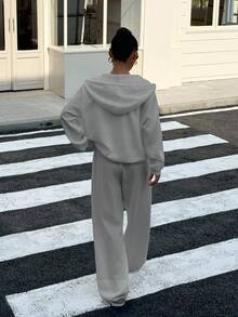 Muchica Bộ 2 món đồ nữ áo len dài tay có mũ trùm đầu màu xám thường ngày kèm quần dài - Xám - Xem 2