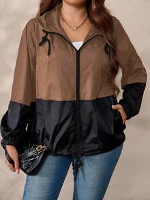 EMERY ROSE Chaqueta casual con capucha, cordón y cremallera de bloques de color para mujer de talla grande - Marrón - Ver 6