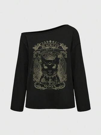 Goth Camiseta de manga larga con hombros oblicuos de unicolor, holgada y de estilo gótico para mujer de talla grande