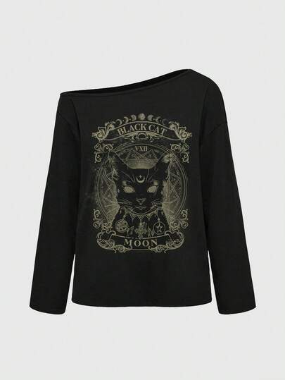 Goth Camiseta de manga larga con hombros oblicuos de unicolor, holgada y de estilo gótico para mujer de talla grande