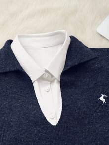 SHEIN Unity 女式 Polo 领长袖羊毛衫和短裤两件套，温暖舒适，精致刺绣，复古学院风，休闲日常穿着，返校，下午茶，复古氛围，秋季 - 藏蓝色 - 查看 5