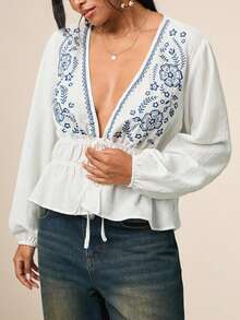 SHEIN VCAY Plus Size Bohemian Style Floral Embroidered Deep V Lantern Sleeve Flared Hem Blouse  Embroidery Lace-Up - White - View 1