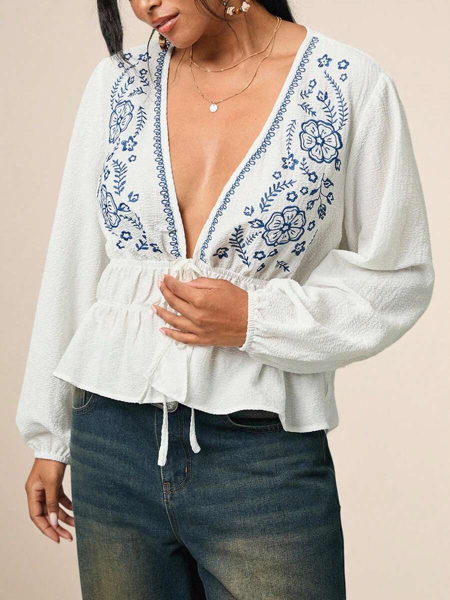 SHEIN VCAY Plus Size Bohemian Style Floral Embroidered Deep V Lantern Sleeve Flared Hem Blouse  Embroidery Lace-Up - White - View 1