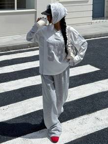 SHEIN Explorewe Bộ 2 áo thun dài tay cổ chữ V phong cách thường ngày đi học cho bé gái tuổi teen, áo thun thể thao và quần ống đứng rộng rãi đa năng, thích hợp mặc thường ngày, đi làm và đi học vào mùa thu và mùa xuân - Nhiều màu - Xem 4