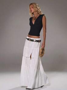 SHEIN PETITE Women's Casual Deep V-Neck Fitted Top, Versatile For All Seasons