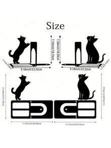 Muroi Mono 2pcs Iron Cat Shaped Bookends, Heavy Duty Metal Desk Bookends With Whimsical Cat Design, Decorative Bookends With Rounded Corners, Book Clamps, For Office, Library, Bookshelf Desk Decor - Black - View 10