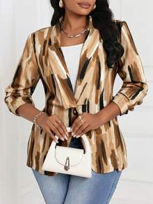 SHEIN Lady 秋冬优雅粉色针织新品加大码蓬松外套秋季女装秋季服装圆领 - 卡其色 - 查看 3