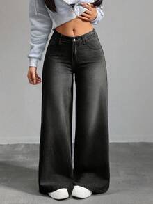 SHEIN Tall CURVE 加大码女式浅蓝色宽松牛仔裤夏季度假女士俱乐部办公室女士乡村音乐会狂欢巡航女式垃圾摇滚高腰牛仔裤 - 黑色 - 查看 5