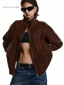 LYSMO SELECTION 2025 Neue Ankunft Minimalismus Winter Damen Kaffeebraun Zopfmuster Dropped Shoulder Langarm Reißverschluss Casual Strick Cardigan für Ausgehen, Streetwear und Stockholm Casual Stil - Kaffeebraun - Übersicht 6