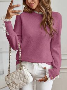 EMERY ROSE Damski luźny sweter z długim rękawem i patchworkową koronką, jesień/zima - Różowy - Zobacz 5