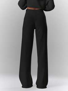 MUSERA Mid Rise Soft Knit Embroidered Wide Leg Trousers Bottom Only Cosy Cute Casual Coffee Club Spring - Black - View 4
