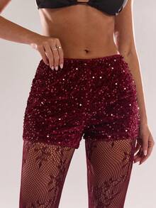 SHEIN BAE Quần short skinny đính sequin màu trơn dành cho nữ, sequin, màu đỏ, thanh lịch, thích hợp cho tiệc tùng, mùa thu đông, ngày lễ tình nhân dành cho nữ. - Màu Đỏ Sâu - Xem 3