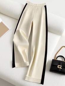 SHEIN PETITE Women's Loose Elegant Wide Leg Pants, Black & Beige Color Block, Autumn Cream Pants Black And White Pants Fashion Clothes Elegant Casual Luxury Clothes For Women - Apricot - View 2