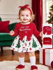 Playful Pals Baby Girl Christmas Letter, Christmas Tree, Santa Claus Print Bow Decor Romper Dress + Headband, Autumn/Winter