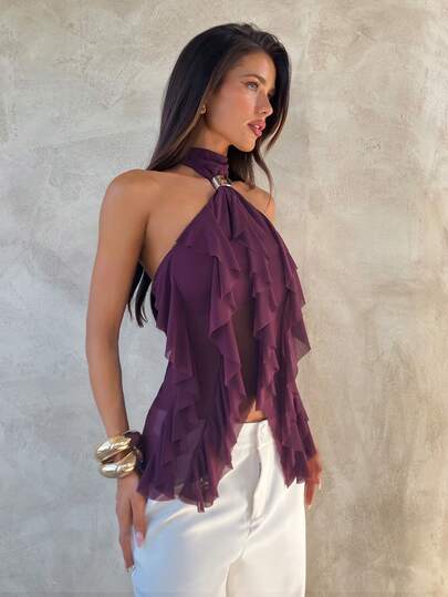 Aloruh Camiseta ajustada de mujer con cuello alto y volantes multicapa elegante