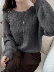 FRIFUL Sweater Wanita Leher Bulat Warna Kontras dengan Pita di Belakang, Longgar, Tebal, dan Lembut - Grey - View 4