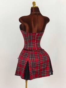 Y2K Amplova Christmas Punk Plaid Vibe Crop Top And Low Waist Mini Skirt Set For Women , Autumn/Winter Thanksgiving And New Year - Multicolor - View 10