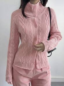 Livesso Áo khoác cardigan cổ lọ tay raglan đan xoắn thường ngày cho nữ, mùa thu - Hồng - Xem 5