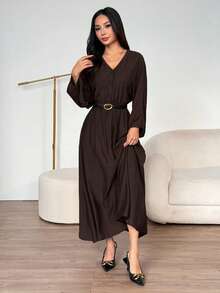 SHEIN PETITE Đầm maxi nữ màu nâu, cổ chữ V, tay lửng, chất liệu vải dệt họa tiết, dáng rộng, thích hợp cho các buổi đi chơi và du lịch, mùa xuân hè, đầm maxi màu nâu thanh lịch dành cho nữ. - màu nâu - Xem 8