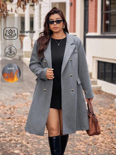 Vionelle Lyxig grå midikappa för kvinnor, elegant dubbelknäppt överrock med slag Plusstorlek vinterkappa Plusstorlek höstkappa Plusstorlek grå kappa Plusstorlek dubbelknäppt kappa Kurv vinterkappa vinterhöst