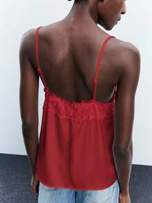 Maija 女士撞色蕾丝宽松V领可调节吊带背心，百搭实用，适合都市通勤、商务休闲、办公室穿着、教师等场合，优雅的蕾丝边饰上衣，现代都市休闲时尚，商务休闲女装，低调复古风，都市通勤机场装，圣帕特里克节、复活节派对、海滩度假、外出、毕业典礼等场合皆宜。 - 紅色 - 查看 3