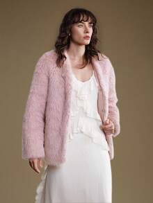 Ontre Manteau en fausse fourrure rose poussiéreux pour femmes, élégant pour les soirées d'hiver, coupe ample et surdimensionnée, sans col, manches longues, poches, style Old Money, tenue de bureau urbaine - Rose bonbon - Voir 6