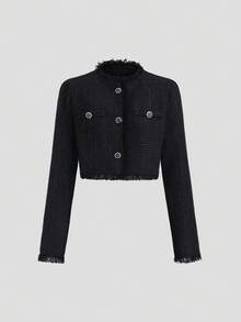 Sweetra 女式新款纯黑色无袖迷你连衣裙，收腰设计，适合外出、聚会、返校，搭配流苏边夹克，两件套，春/秋/冬 - 黑色 - 查看 7