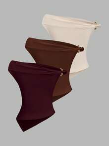 Sweetra Bộ 3 món thời trang Âu Mỹ mùa hè cho nữ, áo thun đơn sắc, viền xoắn kim loại, viền bất đối xứng, thoải mái khi đi làm - Nhiều màu - Xem 2