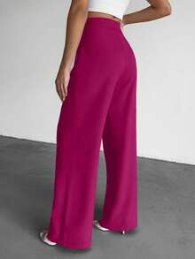 EURMUSE Pantaloni casual larghi a vita alta plissettati di colore unito per donna - Fucsia - Visualizzare 2