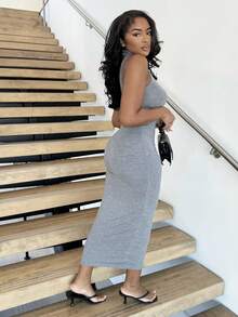 Alexandranx Đầm Bodycon không tay cổ cao màu xám đơn giản & thanh lịch có viền loe dành cho nữ trẻ khi đi làm và dạo phố - Xám - Xem 6