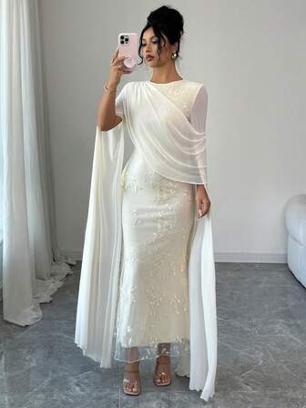 Rafferiza Women's Floral Embroidery Round Neck Ruffle Design Elegant Dress