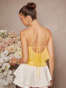 L'Amorae Áo hở lưng ba tầng bằng vải voan màu vàng bơ thanh lịch cho mùa hè - Màu vàng - Xem 2