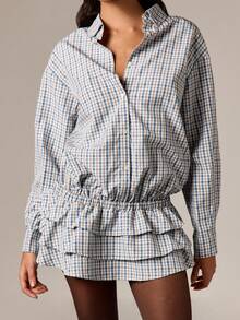 AiiRZ 纽扣式格纹迷你连衣裙，带荷叶边下摆，长袖翻领衬衫裙，秋季休闲装 - 彩色 - 查看 4