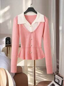 GlowEve Women's Fashionable 2 In 1 Contrast Color Collar Long Sleeve Fitted Waist Soft & Cozy Classic Versatile Fitted Pullover Sweater, Autumn/Winter - Pink - View 3