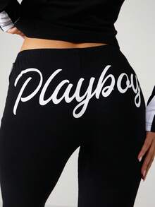 Missguided x Playboy 兔子标志条纹细节七分长度侧系带抽绳休闲运动紧身裤 - 黑色 - 查看 6