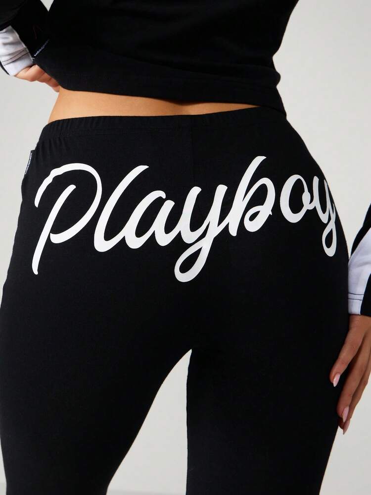 Missguided x Playboy Bunny Logo Stripe Detail Capri Length Side Tie Drawstring Leggings For Casual Athleisure